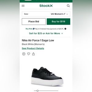 Nike AF1 Sage Low Black and White, Women’s Size 7, NWT